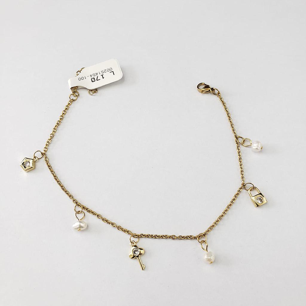 PULSERA GOLD COLGANTES LLAVE Y PERLAS /ACERO