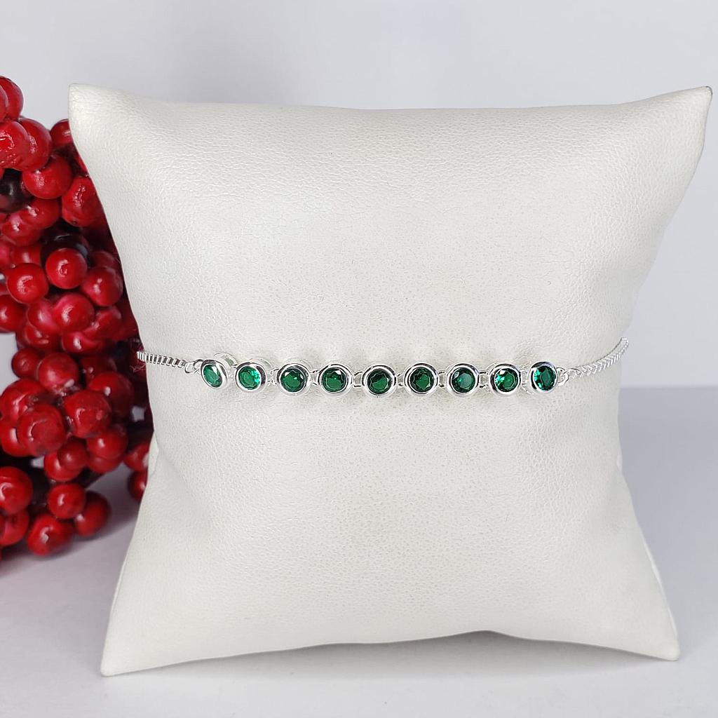 PULSERA DE DAMA AJUSTABLE CIRCONIO PUNTO DE LUZ VERDE PLATA 925
