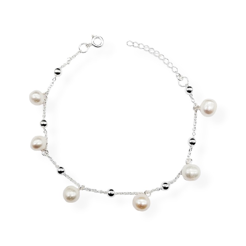 PULSERA DE CADENA FORZATINA CON BOLITAS 4MM Y DIJES COLGANTES DE PERLAS CULTIVADAS 7MM. MANILLA, BRAZALETE