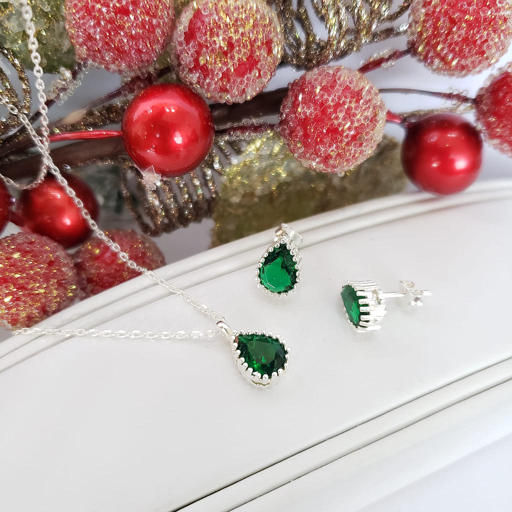 CONJUNTO GOTA CADENA ARETES Y DIJE ESMERALDA PLATA 925